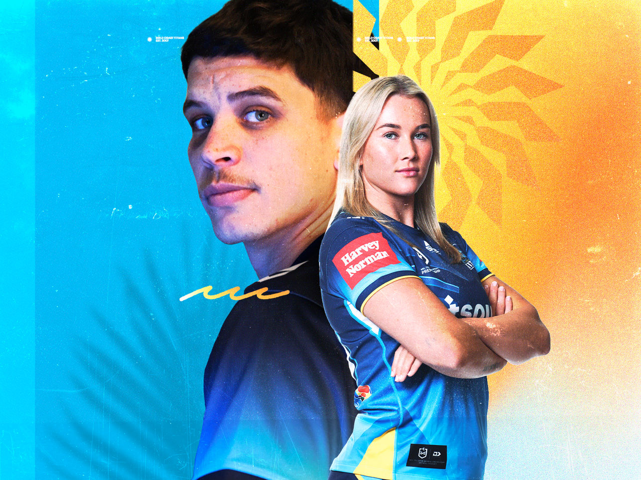 Image of male and female Titans players standing back to back with Titans branding in background