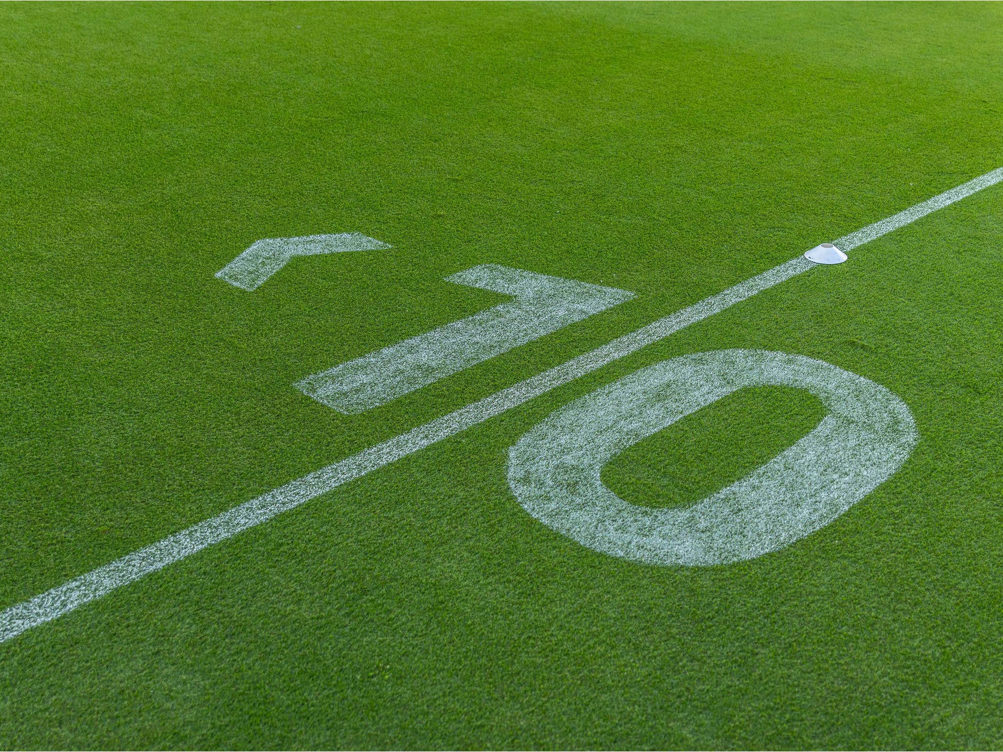 The 10 metre line painted in white on a grass field