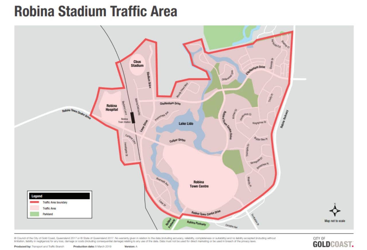 Robina traffic area map showing affected streets and roads Robina traffic area map showing affected streets and roads