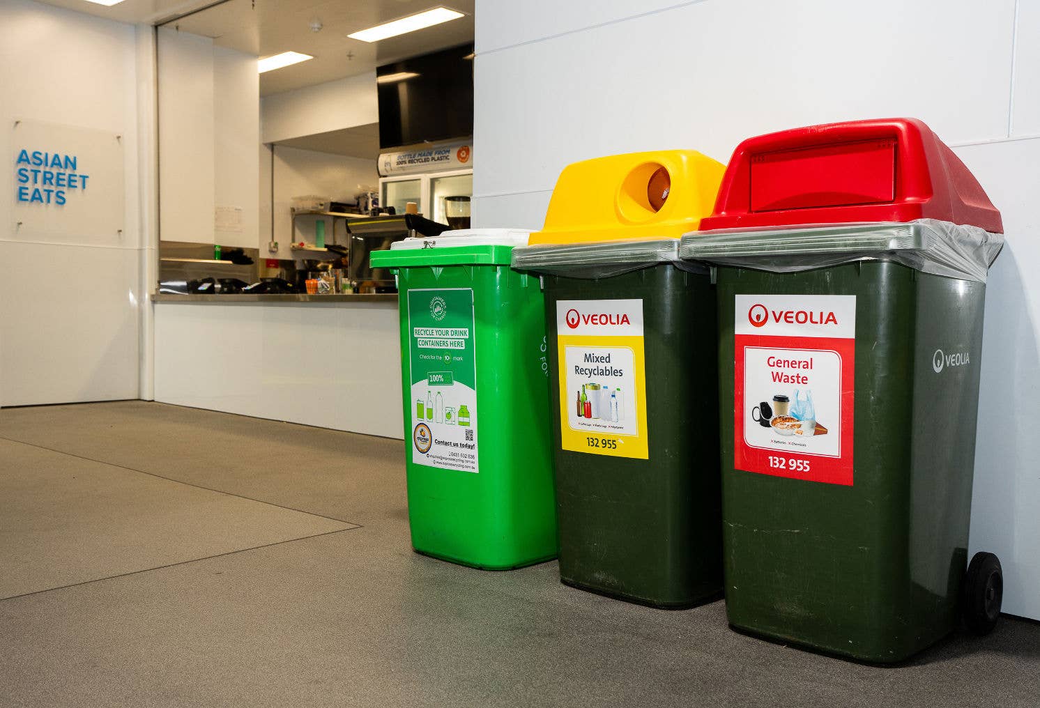 3x Bins Red General Waste, Yellow Mixed Recyclables & Green