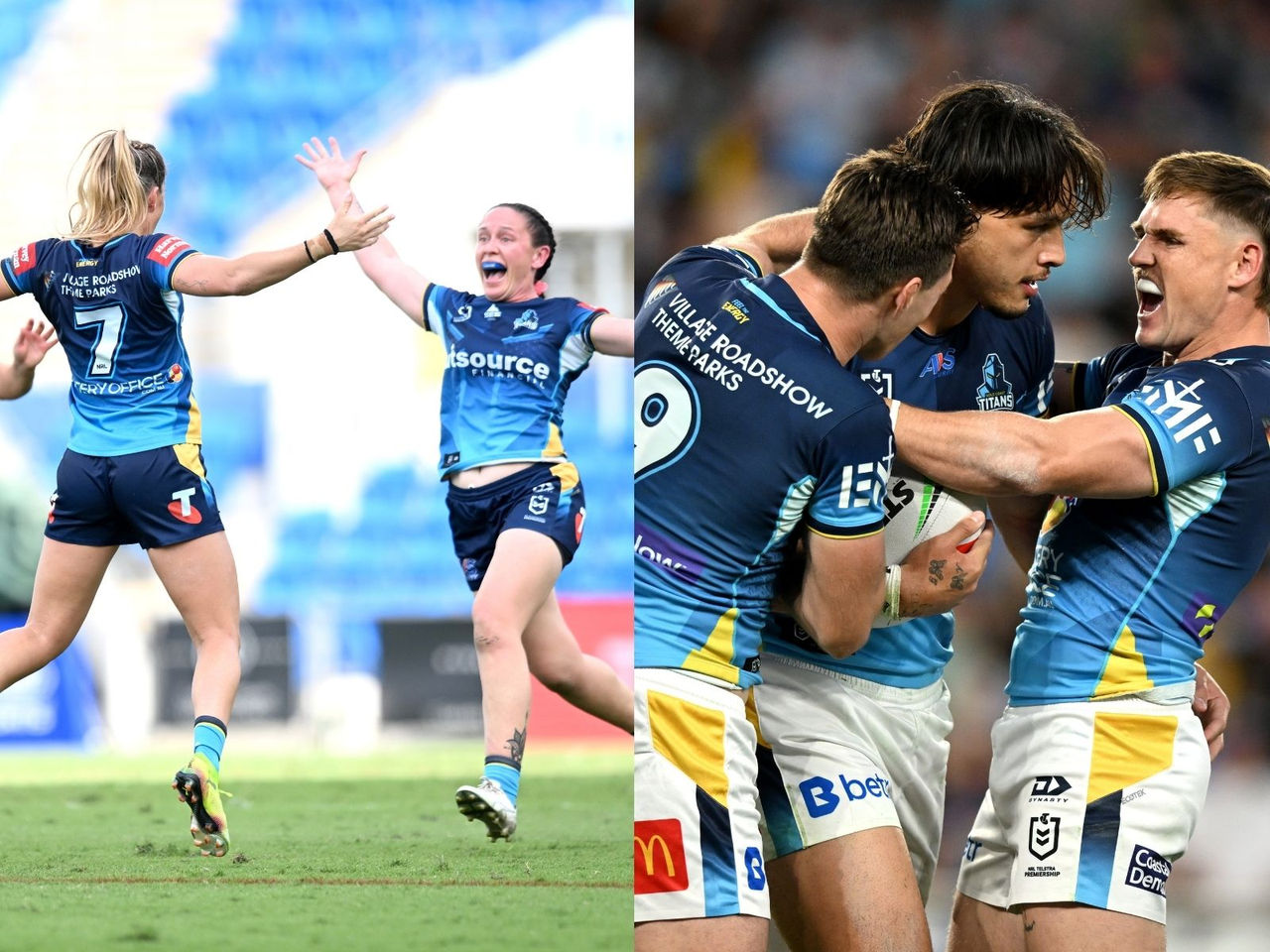 NRL & NRLW Titans teams on the field celebrating